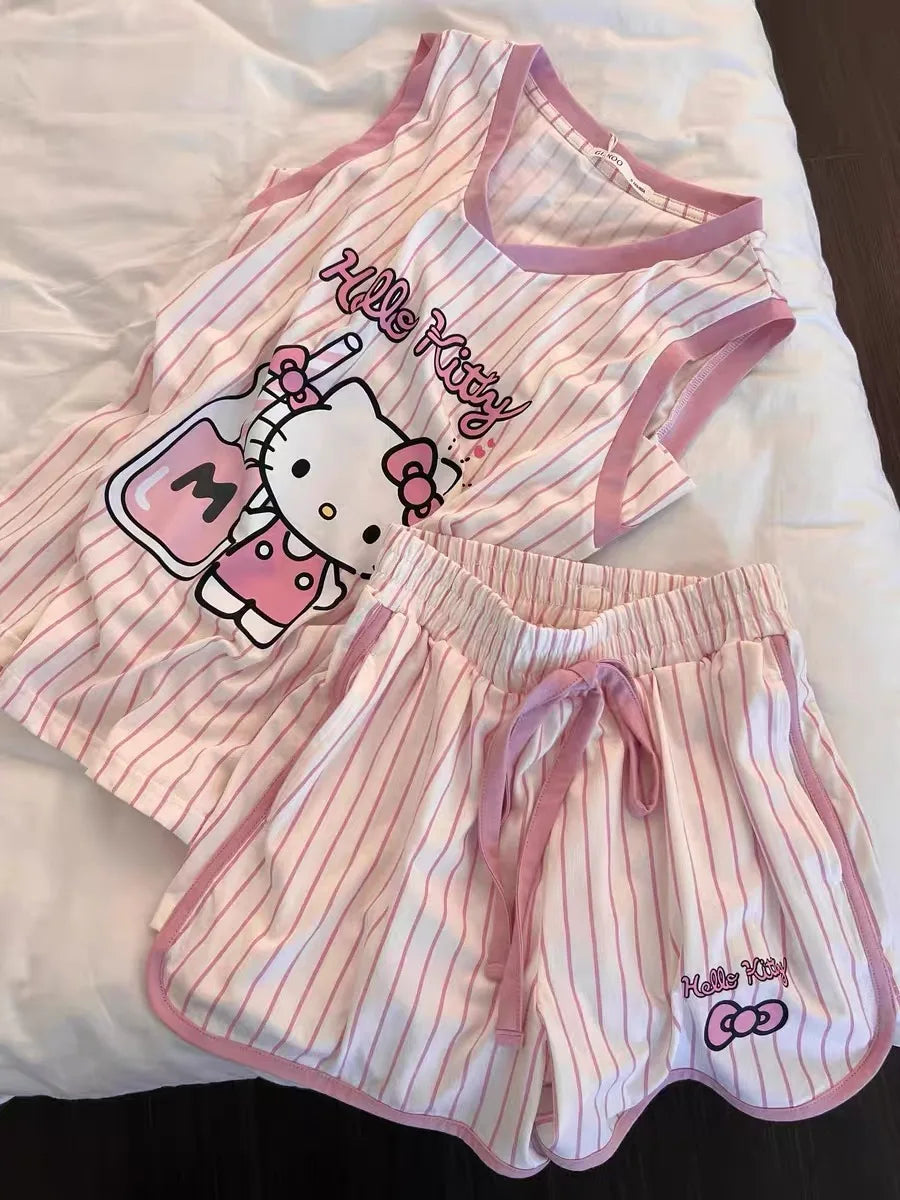 Sanrio Hello Kitty Pajama Set Anime Women's Summer Vest Shorts Suit Leisure Pink Cartoon Stripe Printing Fashion Home Wear My Store