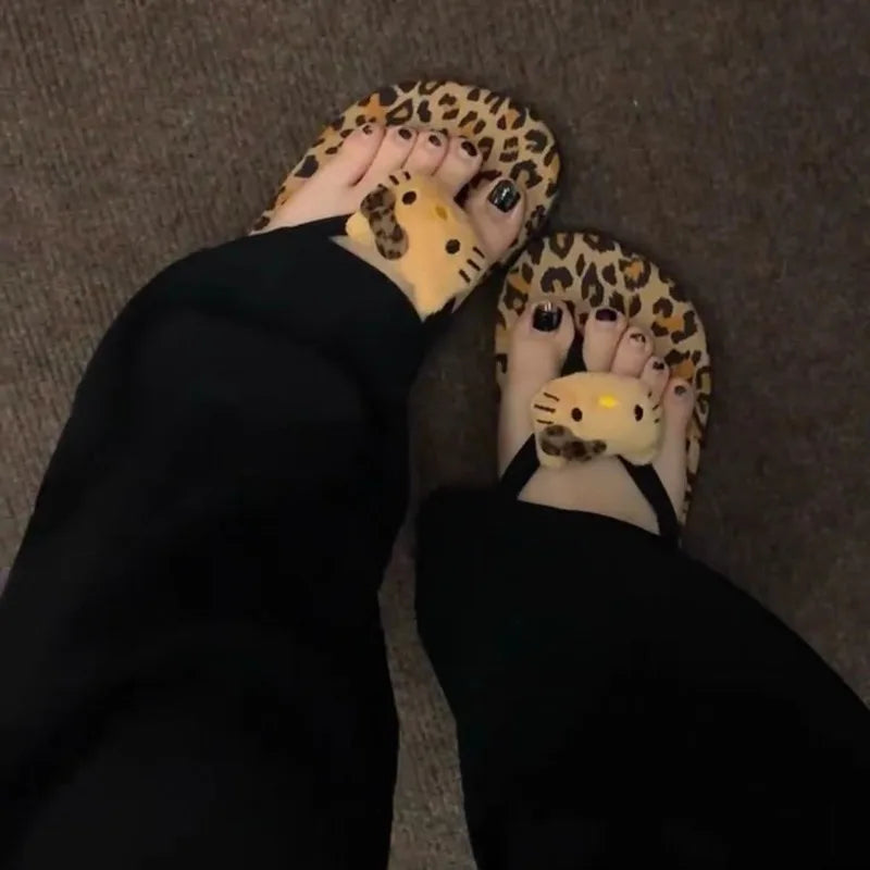 Hello Kitty Flip Flops Cartoon Cute Fashion Summer Women's Rubber Leopard Print Flip Flops Indoor Outdoor Beach Flat Flip Flops My Store