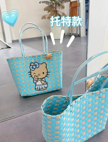 New Hello Kitty Handheld Woven Bag Fashion High Quality Girls' Beach Bag Cartoon Large Capacity Multifunctional Women's Handbag My Store