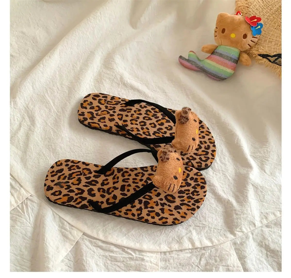 Hello Kitty Flip Flops Cartoon Cute Fashion Summer Women's Rubber Leopard Print Flip Flops Indoor Outdoor Beach Flat Flip Flops My Store