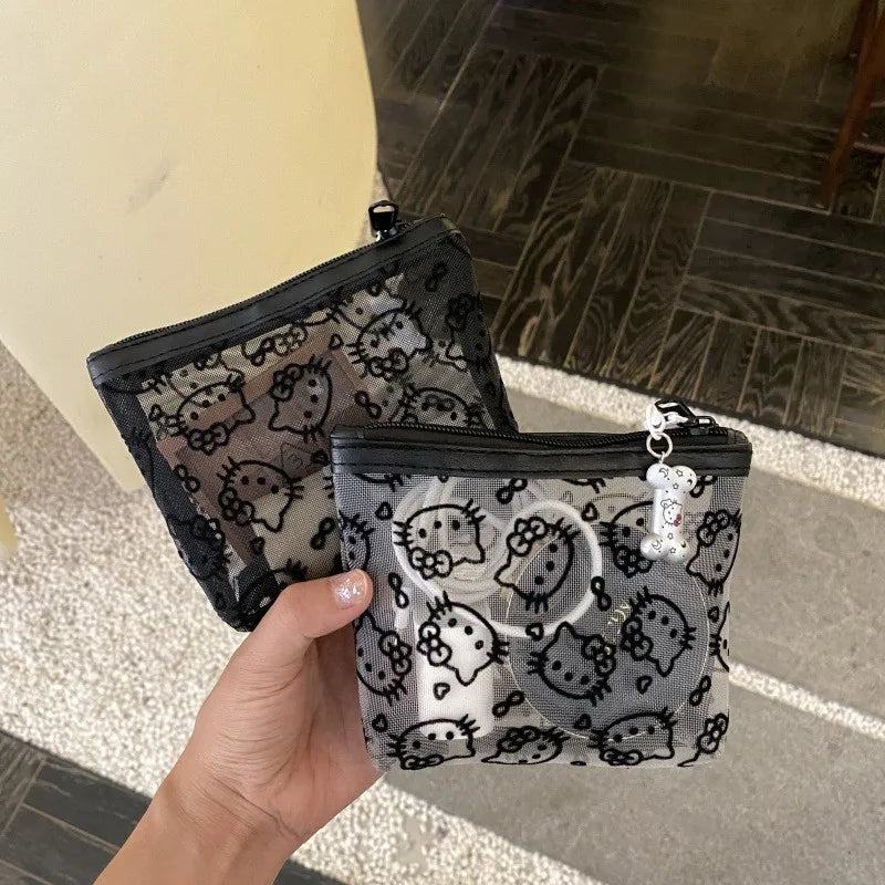 Kawaii Lace Hello Kitty Cosmetic Bag Cute Vintage Coin Purse Black Mesh Storage Bag Portable Makeup Bag Gift My Store