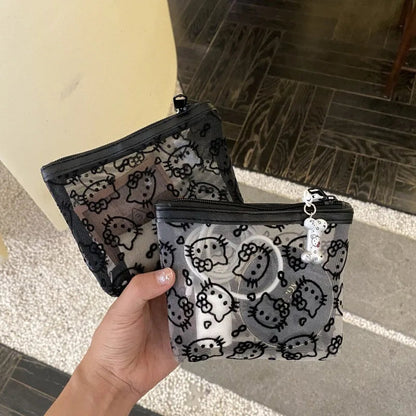 Kawaii Lace Hello Kitty Cosmetic Bag Cute Vintage Coin Purse Black Mesh Storage Bag Portable Makeup Bag Gift My Store