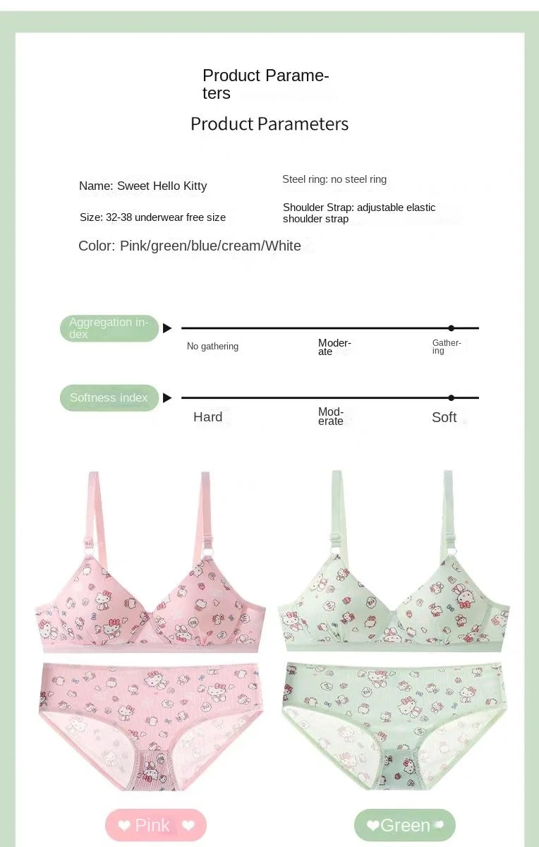 Kawaii Hello Kitty Lingerie Set Cartoon Bra Briefs Women Underwear Soft Comfortable Breathable Wireless Push Up Bra Girl Panties My Store