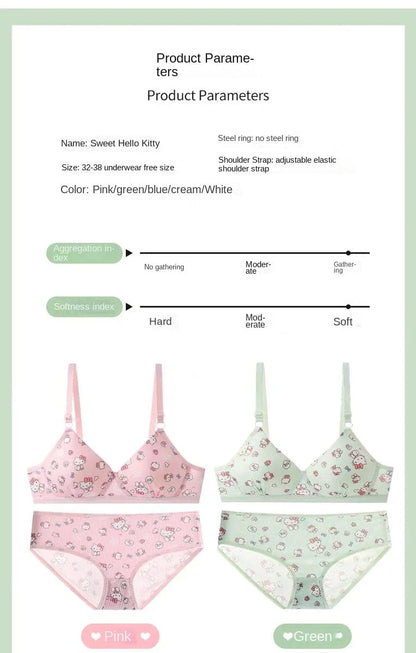 Kawaii Hello Kitty Lingerie Set Cartoon Bra Briefs Women Underwear Soft Comfortable Breathable Wireless Push Up Bra Girl Panties My Store