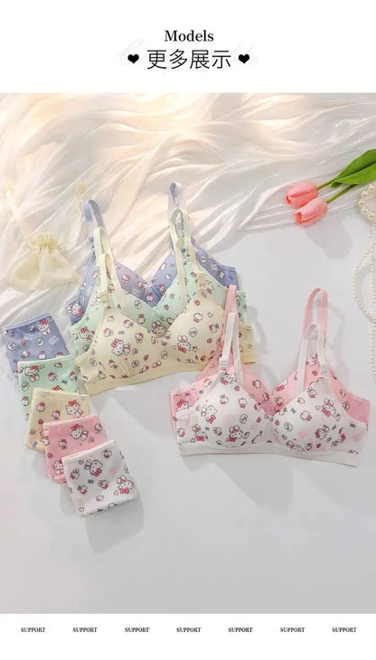 Kawaii Hello Kitty Lingerie Set Cartoon Bra Briefs Women Underwear Soft Comfortable Breathable Wireless Push Up Bra Girl Panties My Store