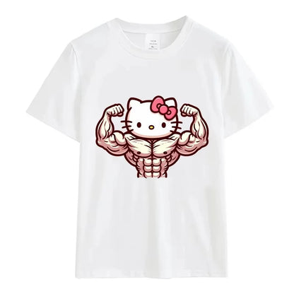 Summer Black and White Hello Kitty and Friends Pattern T-Shirt  Anime Cinnamon Roll Muscle Print Cartoon Top Cotton Short Sleeve My Store