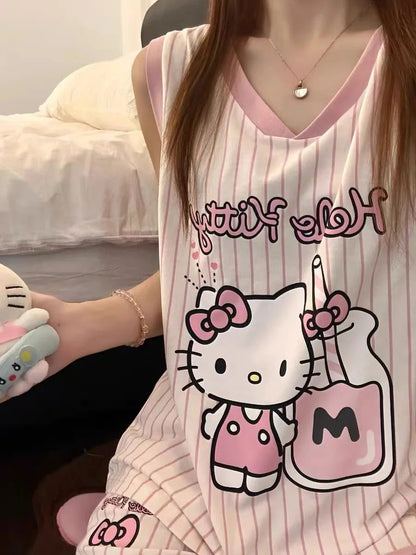 Sanrio Hello Kitty Pajama Set Anime Women's Summer Vest Shorts Suit Leisure Pink Cartoon Stripe Printing Fashion Home Wear My Store