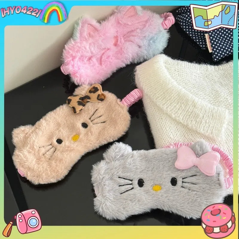 Plush Cartoon Cat Cute Sleep Kt Kuromi Mask Light Blocking Eye Protection For Girls Soft Fluffy Sleeping Travel Napping Eye Mask My Store