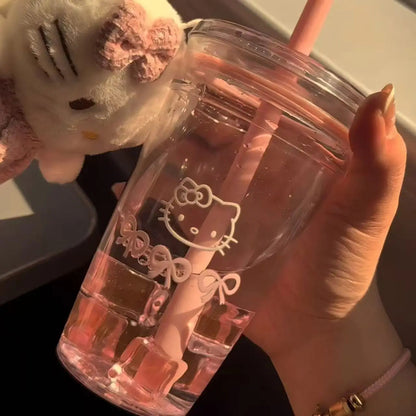 Hello Kitty Pink Straw Cup with Lid Plastic Student Portable Cup KT Cat Large-Capacity Transparent Plastic Water Cup Girl Gift My Store