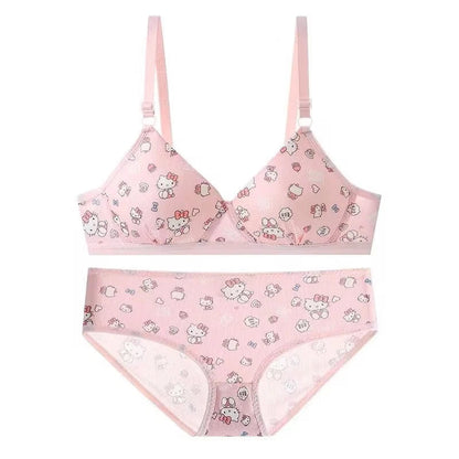 Kawaii Hello Kitty Lingerie Set Cartoon Bra Briefs Women Underwear Soft Comfortable Breathable Wireless Push Up Bra Girl Panties My Store