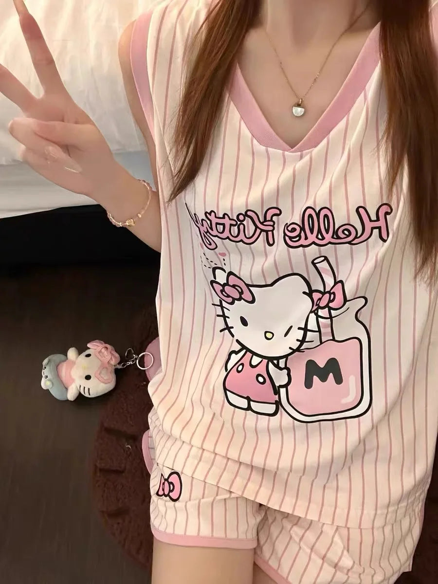 Sanrio Hello Kitty Pajama Set Anime Women's Summer Vest Shorts Suit Leisure Pink Cartoon Stripe Printing Fashion Home Wear My Store