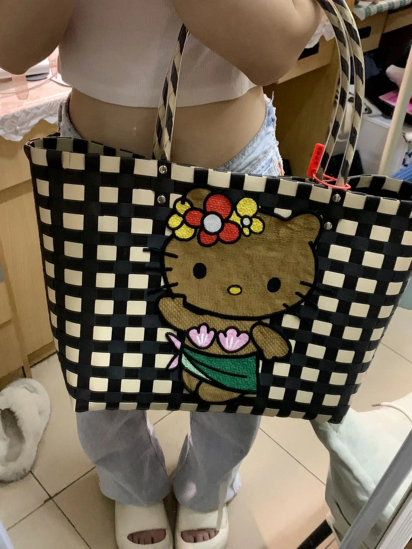 New Hello Kitty Handheld Woven Bag Fashion High Quality Girls' Beach Bag Cartoon Large Capacity Multifunctional Women's Handbag My Store