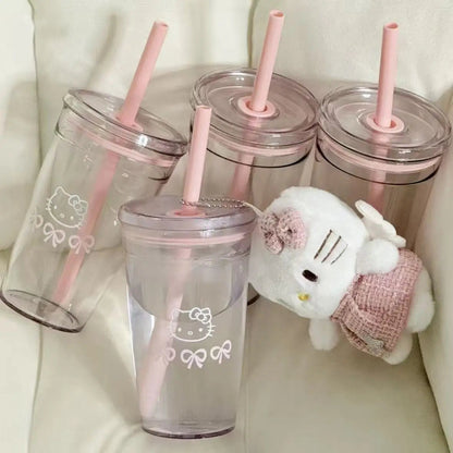 Hello Kitty Pink Straw Cup with Lid Plastic Student Portable Cup KT Cat Large-Capacity Transparent Plastic Water Cup Girl Gift My Store