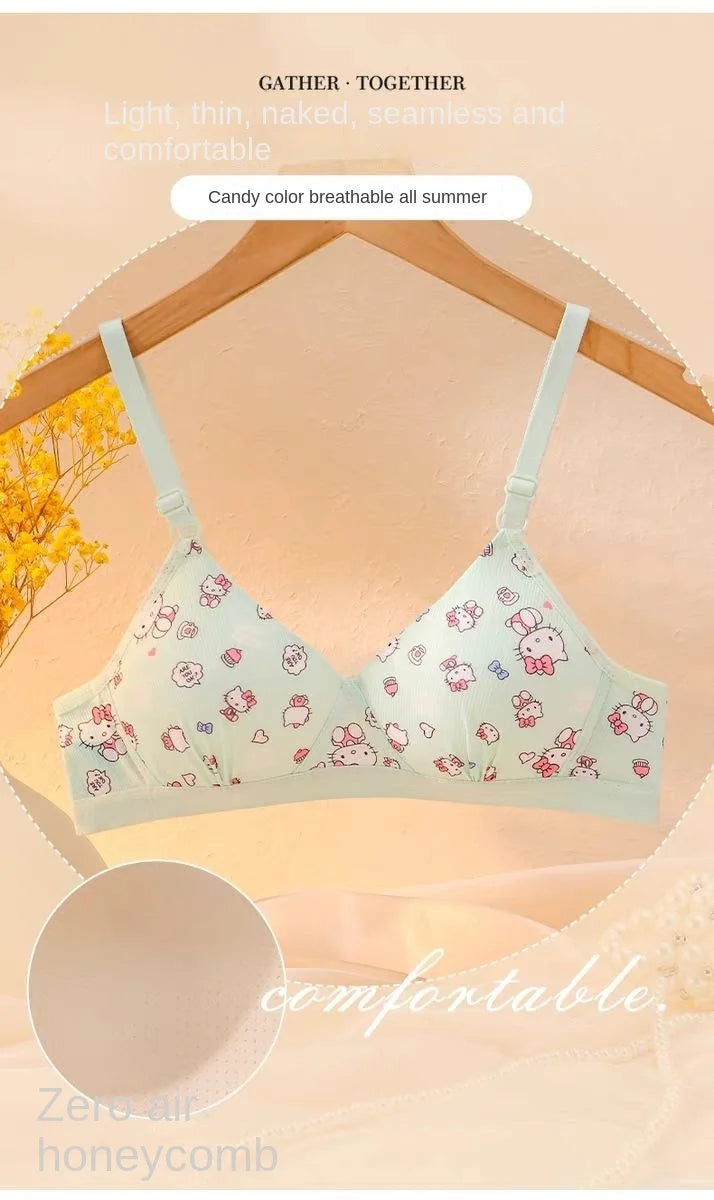 Kawaii Hello Kitty Lingerie Set Cartoon Bra Briefs Women Underwear Soft Comfortable Breathable Wireless Push Up Bra Girl Panties My Store