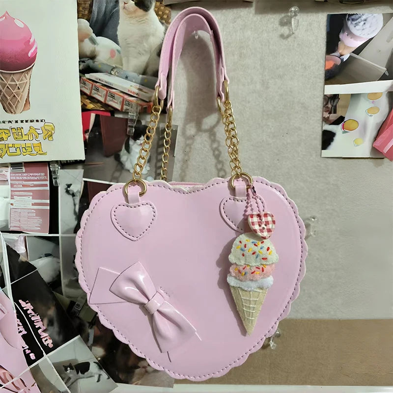 Japanese Lolita Handbag Bow-knot Cookie Heart-shaped Shoulder Bag Highquality Pu Zipper Wallet Brand Design Simple Crossbody Bag My Store