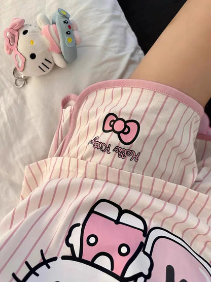 Sanrio Hello Kitty Pajama Set Anime Women's Summer Vest Shorts Suit Leisure Pink Cartoon Stripe Printing Fashion Home Wear My Store