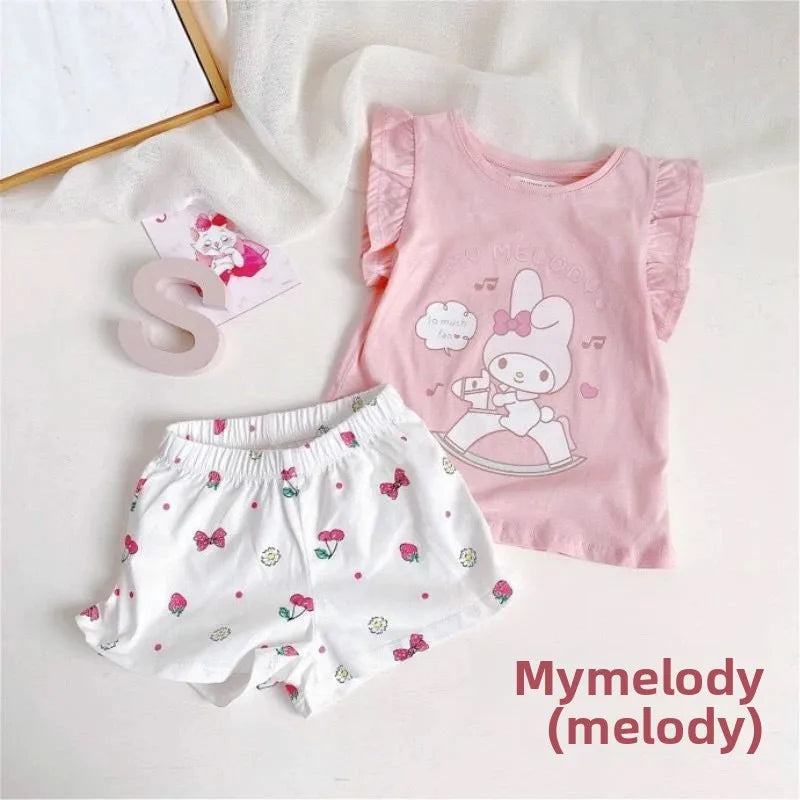 Sanrio Hello Kitty Summer new trendy girls cartoon 2PC fashion short-sleeved T-Shirt home clothes sweet suit children's clothing My Store
