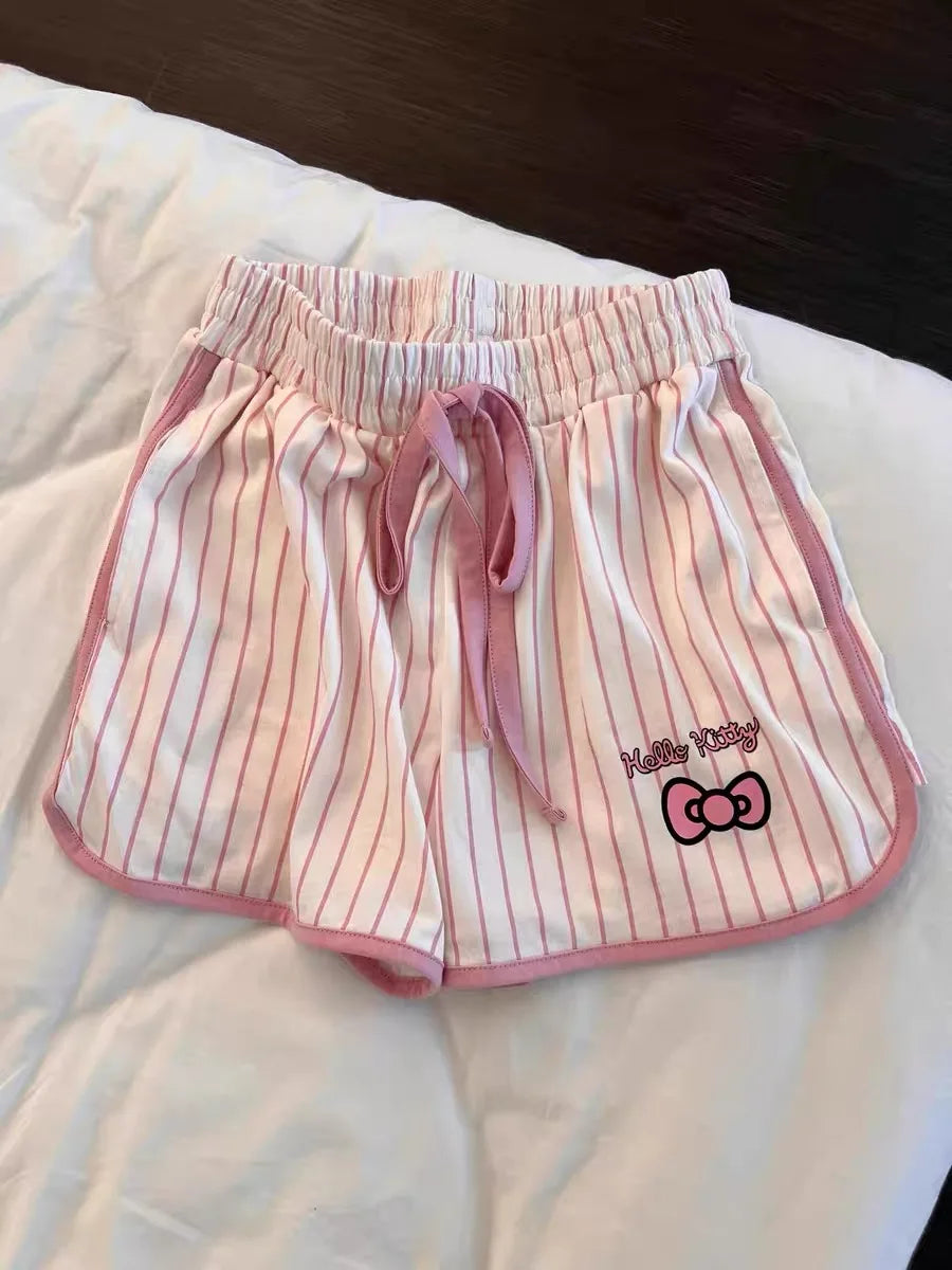 Sanrio Hello Kitty Pajama Set Anime Women's Summer Vest Shorts Suit Leisure Pink Cartoon Stripe Printing Fashion Home Wear My Store