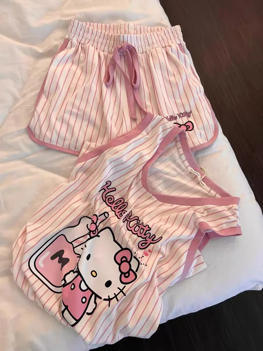 Sanrio Hello Kitty Pajama Set Anime Women's Summer Vest Shorts Suit Leisure Pink Cartoon Stripe Printing Fashion Home Wear My Store