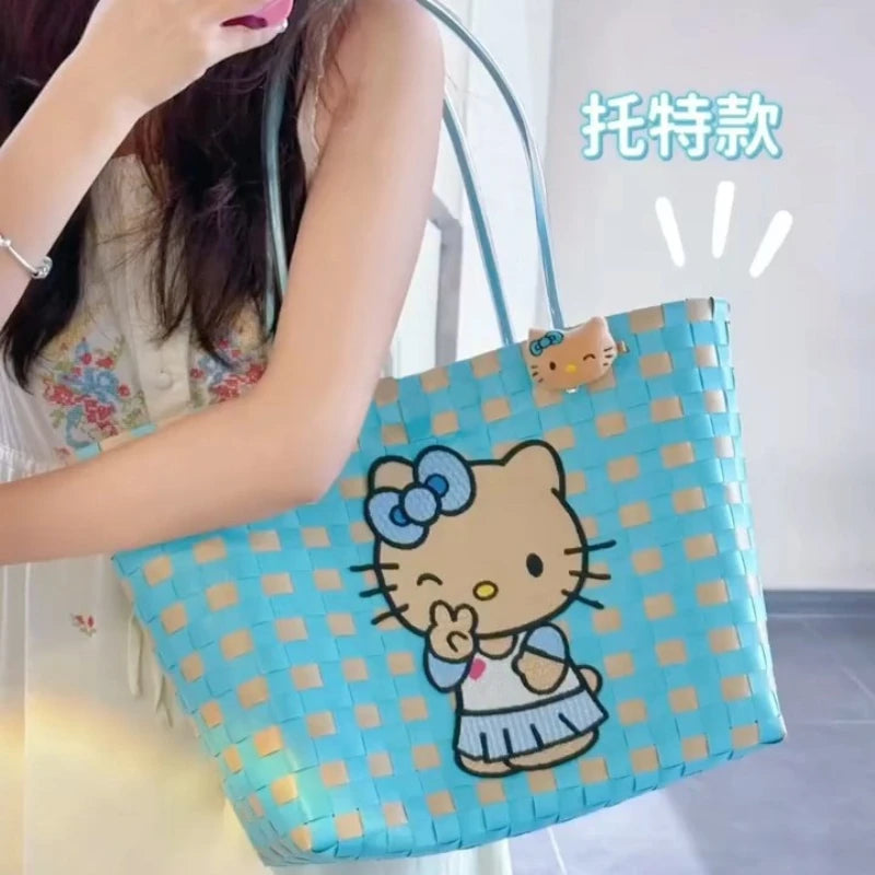New Hello Kitty Handheld Woven Bag Fashion High Quality Girls' Beach Bag Cartoon Large Capacity Multifunctional Women's Handbag My Store