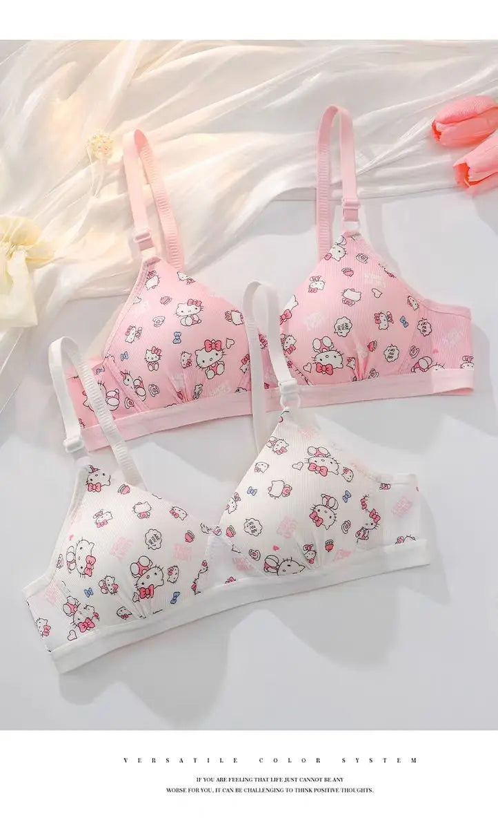Kawaii Hello Kitty Lingerie Set Cartoon Bra Briefs Women Underwear Soft Comfortable Breathable Wireless Push Up Bra Girl Panties My Store
