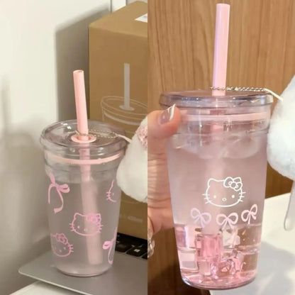 Hello Kitty Pink Straw Cup with Lid Plastic Student Portable Cup KT Cat Large-Capacity Transparent Plastic Water Cup Girl Gift My Store
