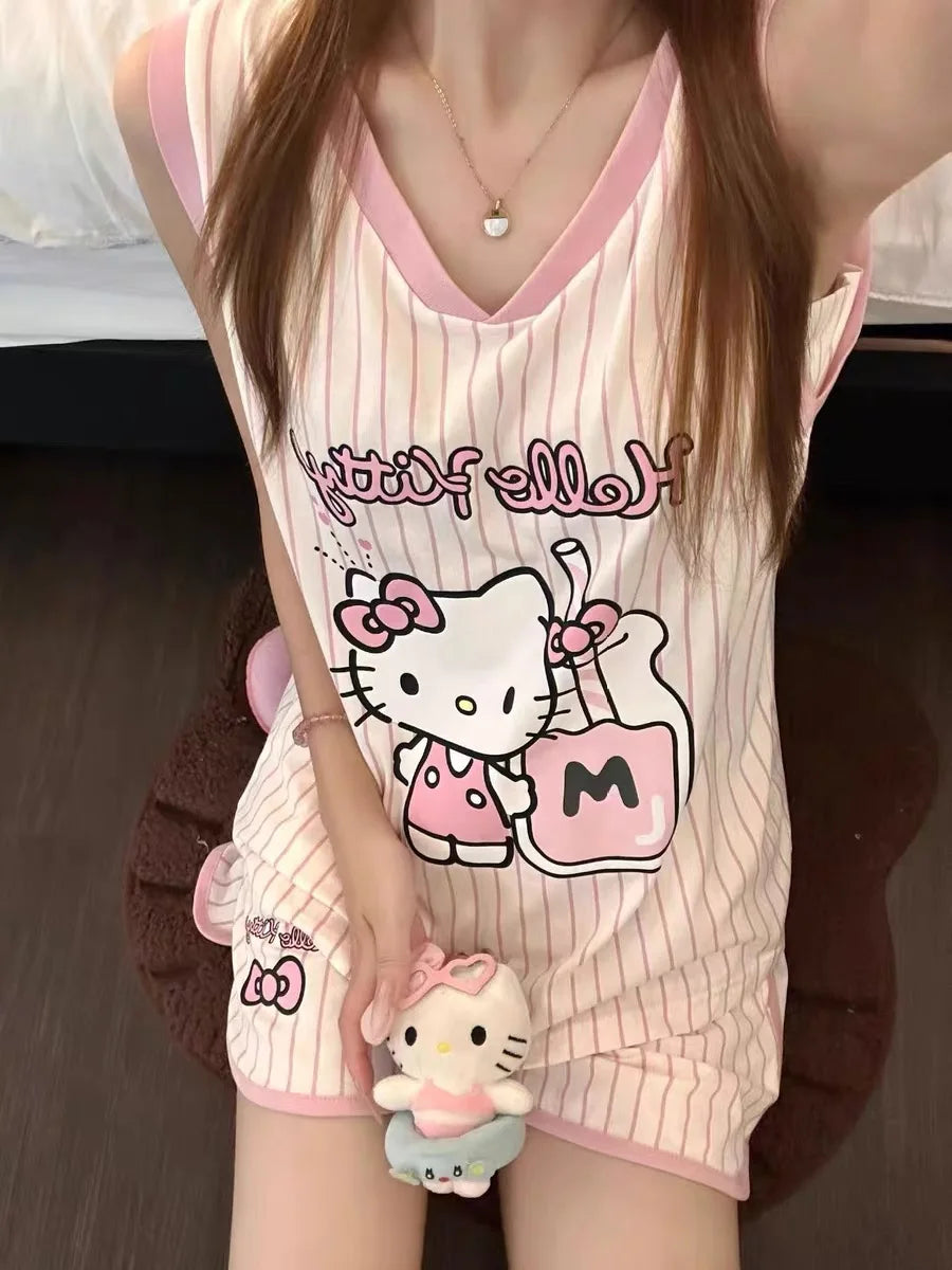 Sanrio Hello Kitty Pajama Set Anime Women's Summer Vest Shorts Suit Leisure Pink Cartoon Stripe Printing Fashion Home Wear My Store