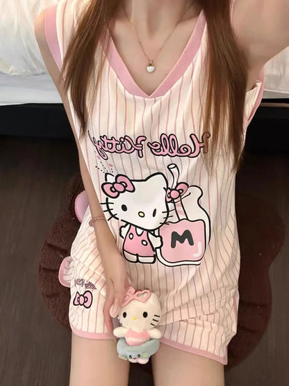 Sanrio Hello Kitty Pajama Set Anime Women's Summer Vest Shorts Suit Leisure Pink Cartoon Stripe Printing Fashion Home Wear My Store