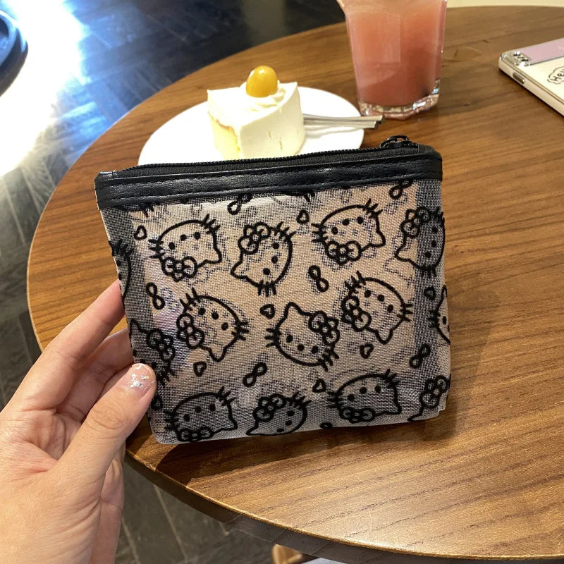 Kawaii Lace Hello Kitty Cosmetic Bag Cute Vintage Coin Purse Black Mesh Storage Bag Portable Makeup Bag Gift My Store
