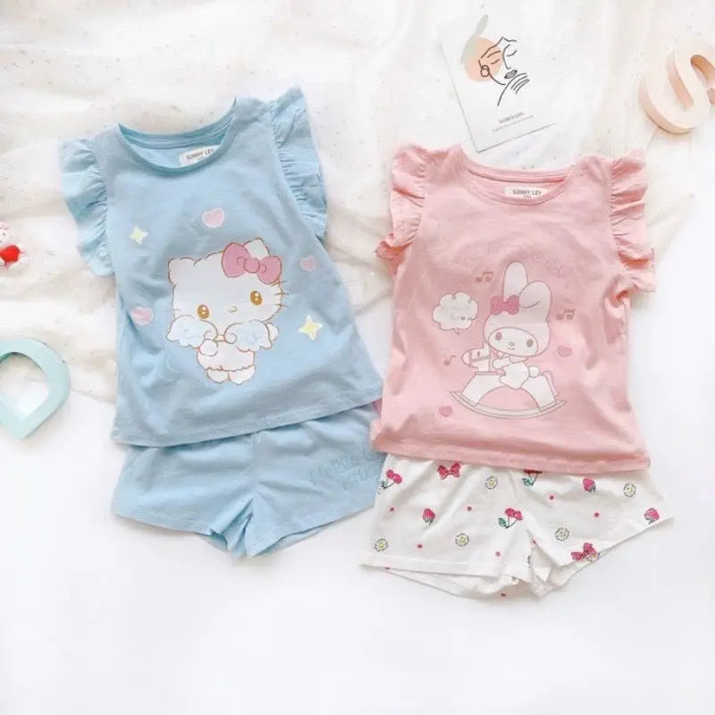 Sanrio Hello Kitty Summer new trendy girls cartoon 2PC fashion short-sleeved T-Shirt home clothes sweet suit children's clothing My Store