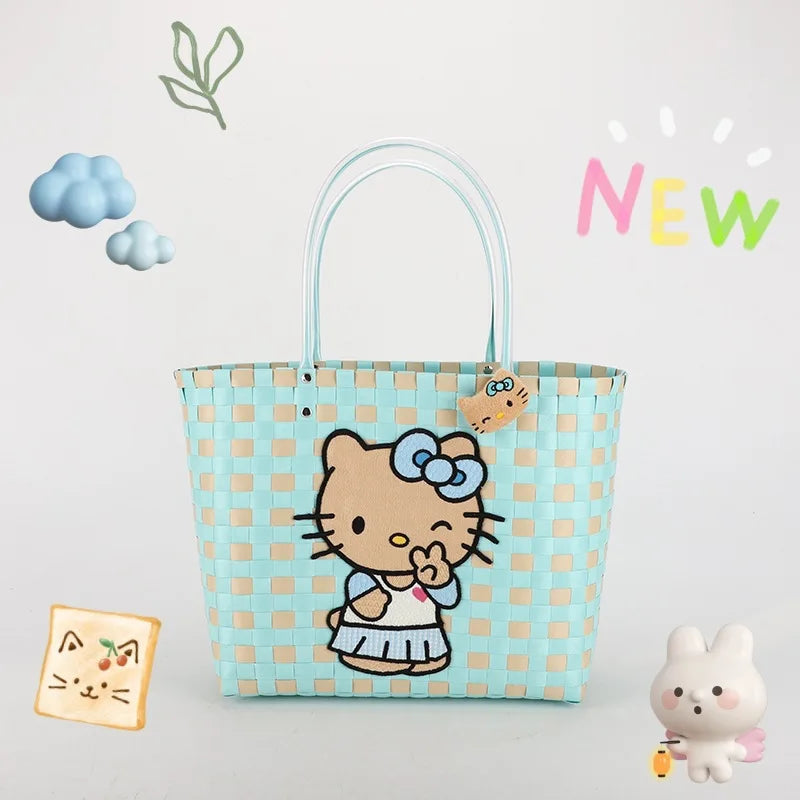 New Hello Kitty Handheld Woven Bag Fashion High Quality Girls' Beach Bag Cartoon Large Capacity Multifunctional Women's Handbag My Store