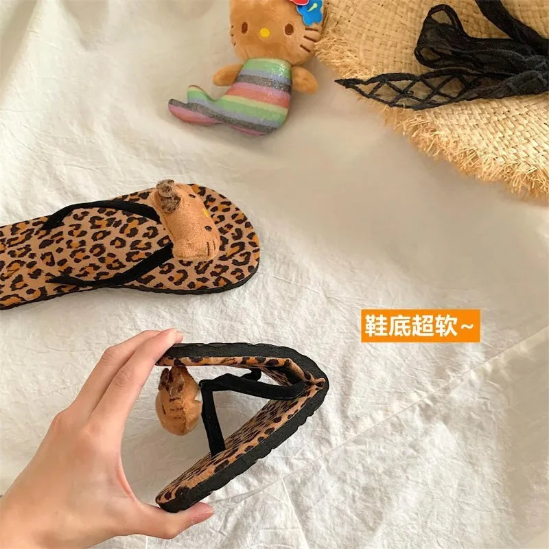 Hello Kitty Flip Flops Cartoon Cute Fashion Summer Women's Rubber Leopard Print Flip Flops Indoor Outdoor Beach Flat Flip Flops My Store