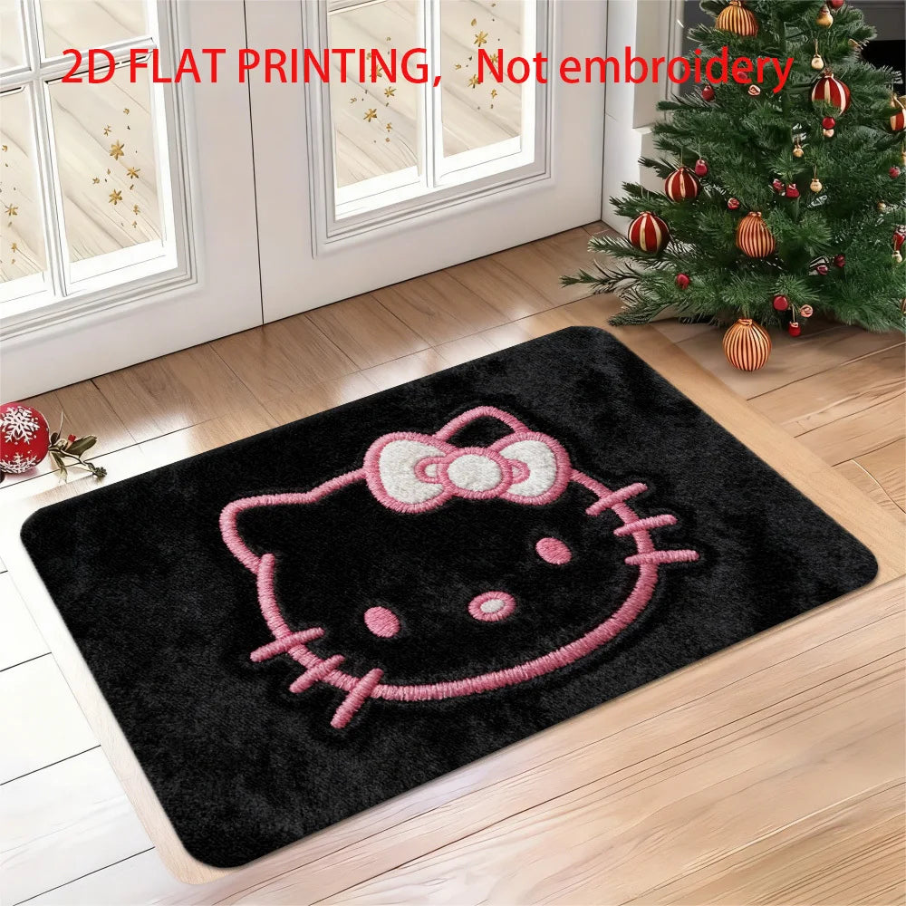 Hello Kitty Kawaii Doormat 2D Flat Print Black Pink Bow Pattern Non-Slip Absorbent Floor Mat for Christmas Entryway Home Decor My Store