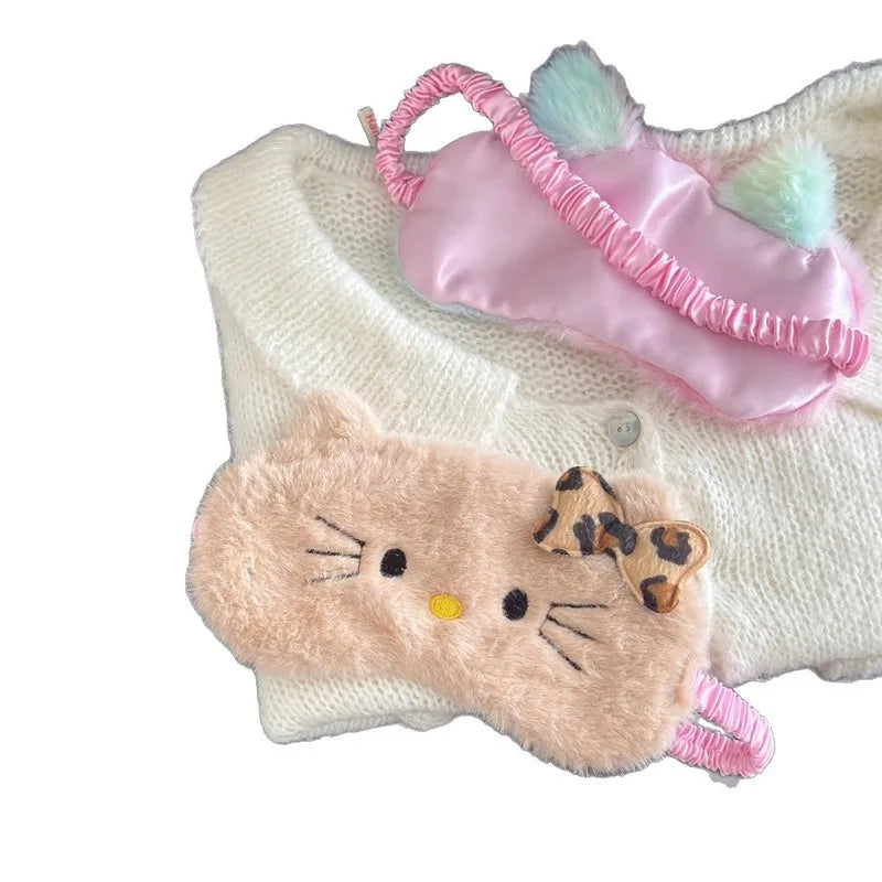 Plush Cartoon Cat Cute Sleep Kt Kuromi Mask Light Blocking Eye Protection For Girls Soft Fluffy Sleeping Travel Napping Eye Mask My Store