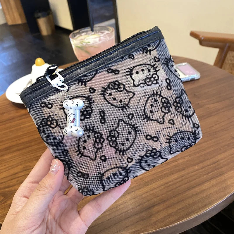 Kawaii Lace Hello Kitty Cosmetic Bag Cute Vintage Coin Purse Black Mesh Storage Bag Portable Makeup Bag Gift My Store