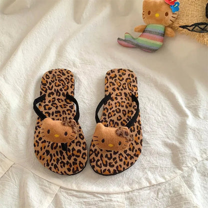 Hello Kitty Flip Flops Cartoon Cute Fashion Summer Women's Rubber Leopard Print Flip Flops Indoor Outdoor Beach Flat Flip Flops My Store