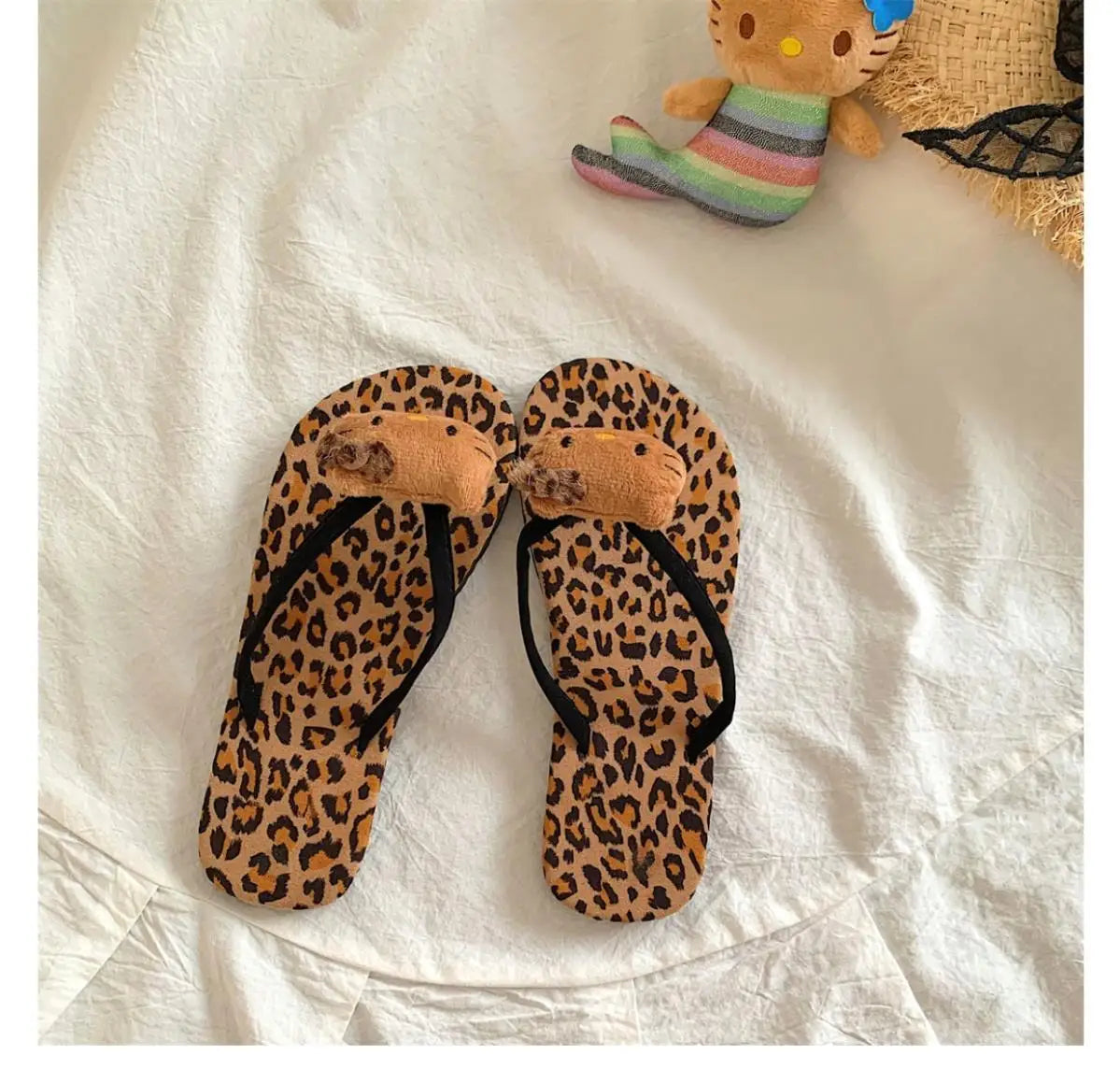 Hello Kitty Flip Flops Cartoon Cute Fashion Summer Women's Rubber Leopard Print Flip Flops Indoor Outdoor Beach Flat Flip Flops My Store