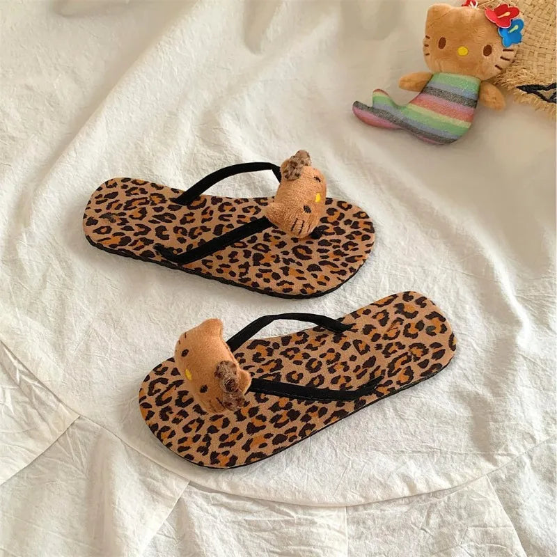 Hello Kitty Flip Flops Cartoon Cute Fashion Summer Women's Rubber Leopard Print Flip Flops Indoor Outdoor Beach Flat Flip Flops My Store