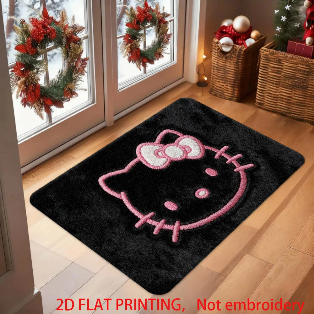 Hello Kitty Kawaii Doormat 2D Flat Print Black Pink Bow Pattern Non-Slip Absorbent Floor Mat for Christmas Entryway Home Decor My Store