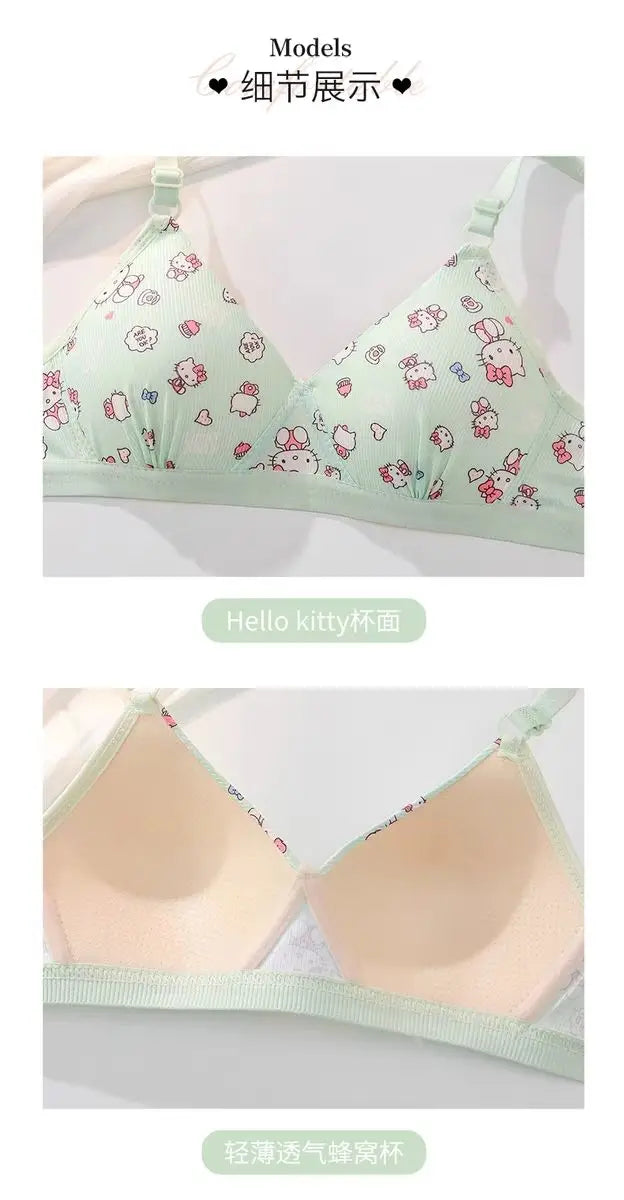Kawaii Hello Kitty Lingerie Set Cartoon Bra Briefs Women Underwear Soft Comfortable Breathable Wireless Push Up Bra Girl Panties My Store