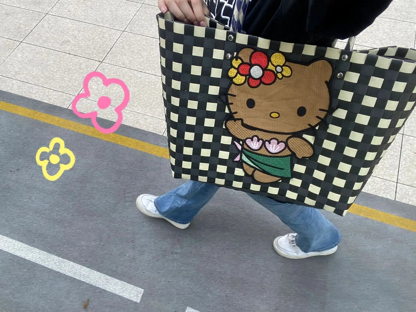 New Hello Kitty Handheld Woven Bag Fashion High Quality Girls' Beach Bag Cartoon Large Capacity Multifunctional Women's Handbag My Store