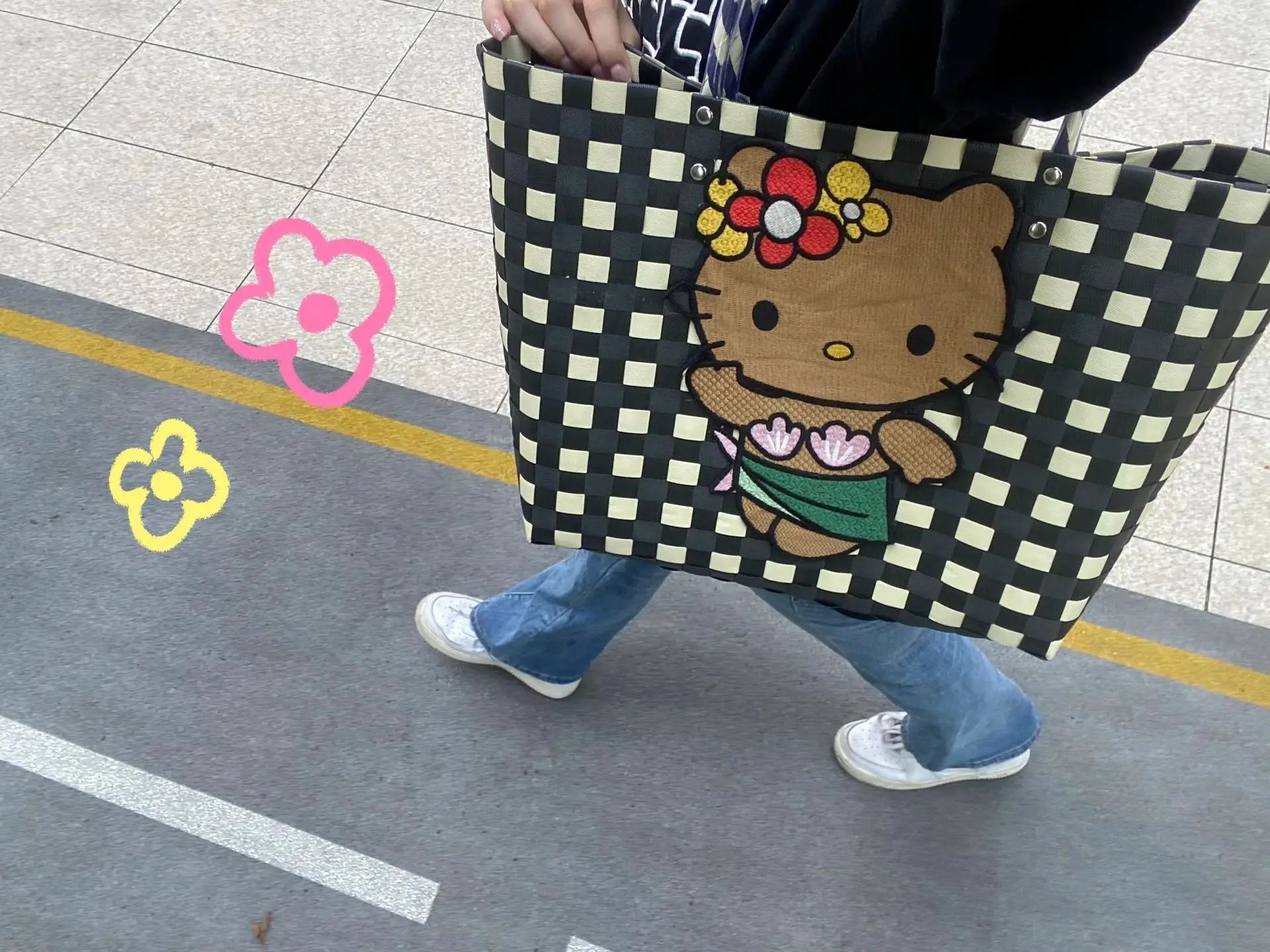 New Hello Kitty Handheld Woven Bag Fashion High Quality Girls' Beach Bag Cartoon Large Capacity Multifunctional Women's Handbag My Store