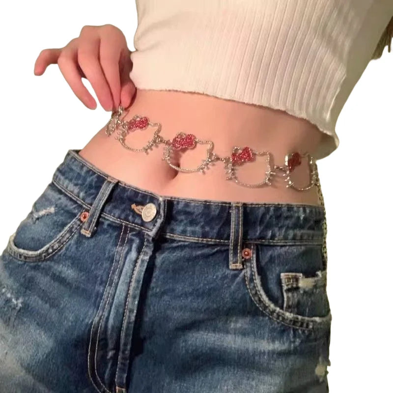 Y2K Cartoon Pattern Hello Kitty Metal Full Diamond Waist Chain Sexy Belt Sweater Chain Girls Clothing Accessories Special Gift My Store