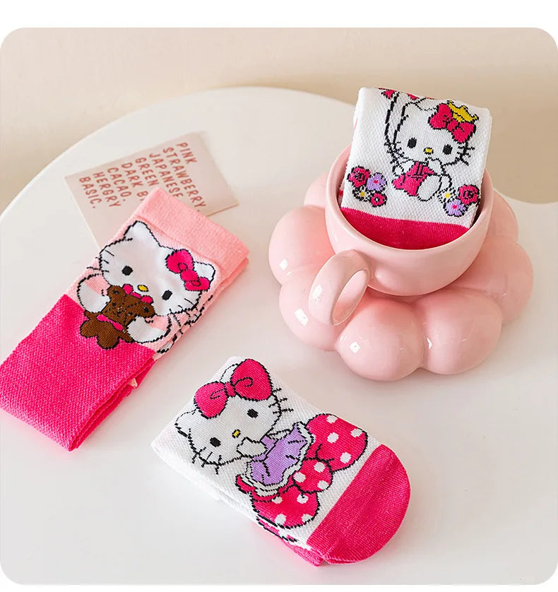 3 Pairs Spring and Summer Cartoon Anime Hello Kitty Pattern Girls Over knee Socks Cotton Comfortable and Soft Casual Girls Socks My Store