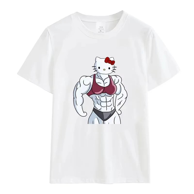 Summer Black and White Hello Kitty and Friends Pattern T-Shirt  Anime Cinnamon Roll Muscle Print Cartoon Top Cotton Short Sleeve My Store