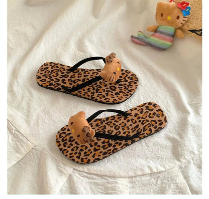 Hello Kitty Flip Flops Cartoon Cute Fashion Summer Women's Rubber Leopard Print Flip Flops Indoor Outdoor Beach Flat Flip Flops My Store