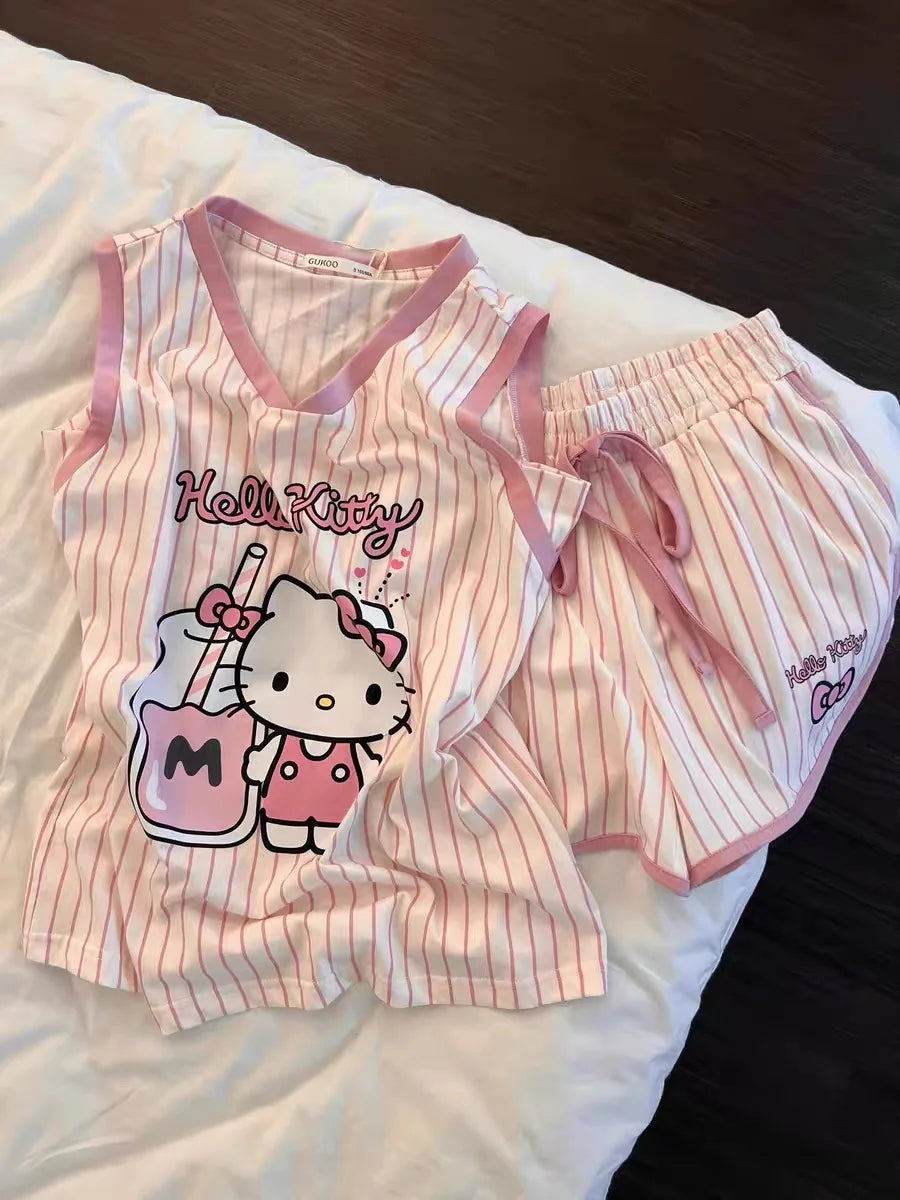 Sanrio Hello Kitty Pajama Set Anime Women's Summer Vest Shorts Suit Leisure Pink Cartoon Stripe Printing Fashion Home Wear My Store