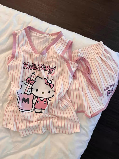 Sanrio Hello Kitty Pajama Set Anime Women's Summer Vest Shorts Suit Leisure Pink Cartoon Stripe Printing Fashion Home Wear My Store