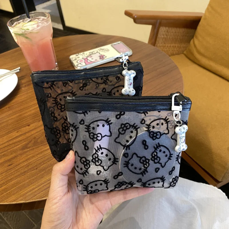 Kawaii Lace Hello Kitty Cosmetic Bag Cute Vintage Coin Purse Black Mesh Storage Bag Portable Makeup Bag Gift My Store