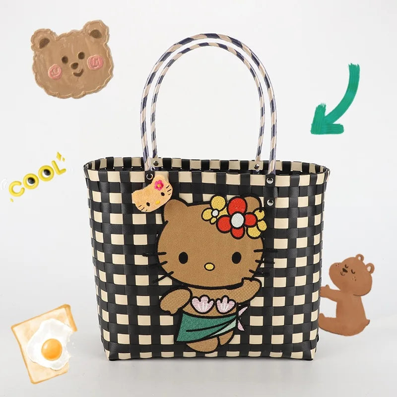 New Hello Kitty Handheld Woven Bag Fashion High Quality Girls' Beach Bag Cartoon Large Capacity Multifunctional Women's Handbag My Store